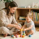 Mère et jeune enfant jouant ensemble avec des cubes en bois colorés sur un parquet chaleureux, illustrant l'accompagnement bienveillant du développement de l'enfant