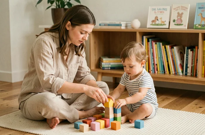 Mère et jeune enfant jouant ensemble avec des cubes en bois colorés sur un parquet chaleureux, illustrant l'accompagnement bienveillant du développement de l'enfant