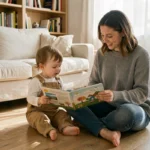 Mère et petite fille lisant un livre illustré ensemble sur le parquet d'un salon familial chaleureux