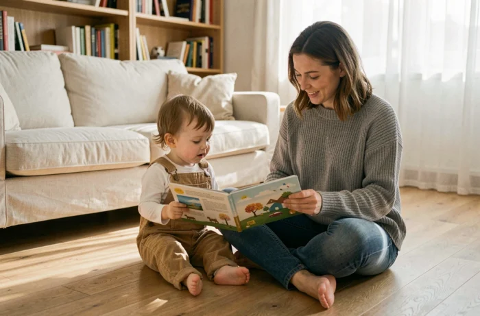 Mère et petite fille lisant un livre illustré ensemble sur le parquet d'un salon familial chaleureux