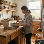 Mère multitâche dans sa cuisine préparant le repas tout en travaillant sur son ordinateur portable avec son enfant en bas âge