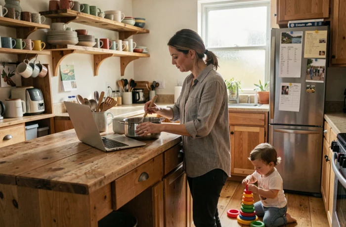 Mère multitâche dans sa cuisine préparant le repas tout en travaillant sur son ordinateur portable avec son enfant en bas âge