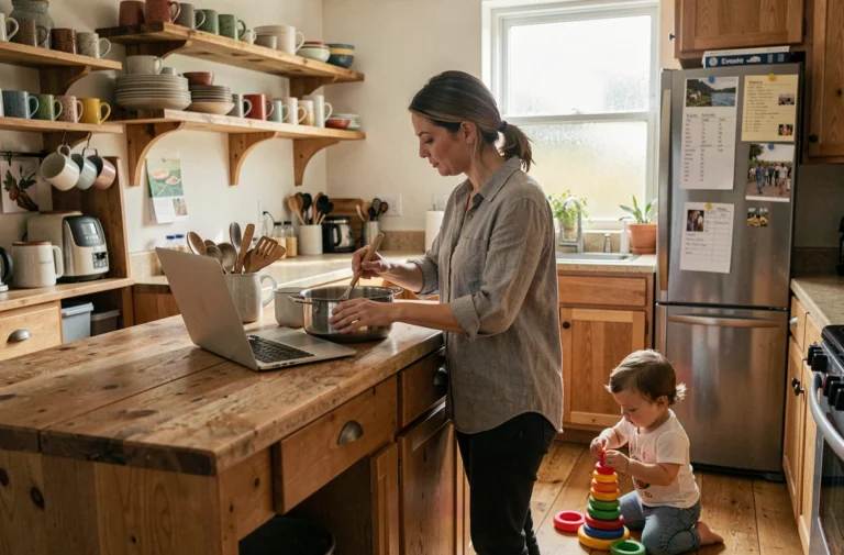 Mère multitâche dans sa cuisine préparant le repas tout en travaillant sur son ordinateur portable avec son enfant en bas âge