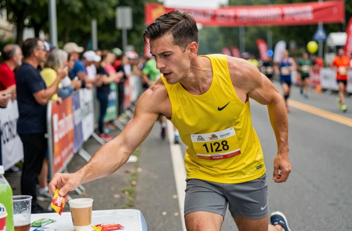 Coureur prenant un gel énergétique et une boisson isotonique à un ravitaillement pendant un semi-marathon
