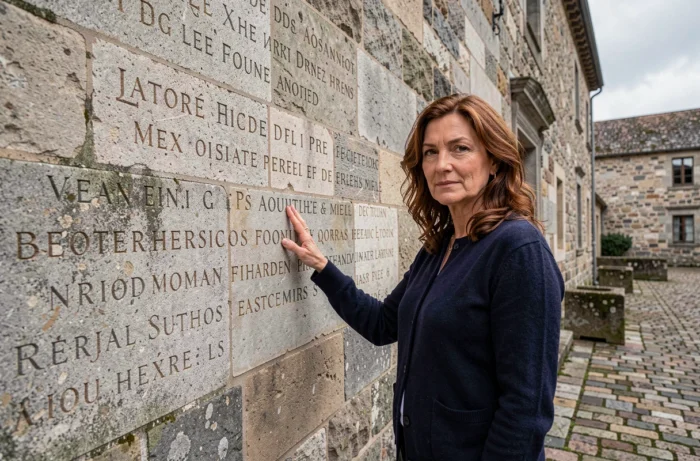 Femme adulte explorant une inscription médiévale sur un mur de pierre historique, évoquant l'origine ancienne du prénom Mathilde