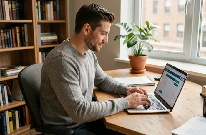 Entrepreneur ouvrant un compte professionnel en ligne depuis son bureau à domicile