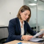 Femme professionnelle ouvrant un compte professionnel dans une agence bancaire Crédit Mutuel