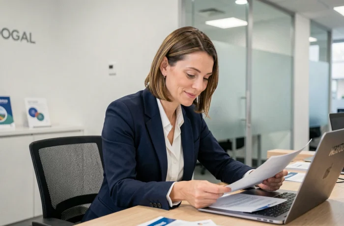 Femme professionnelle ouvrant un compte professionnel dans une agence bancaire Crédit Mutuel