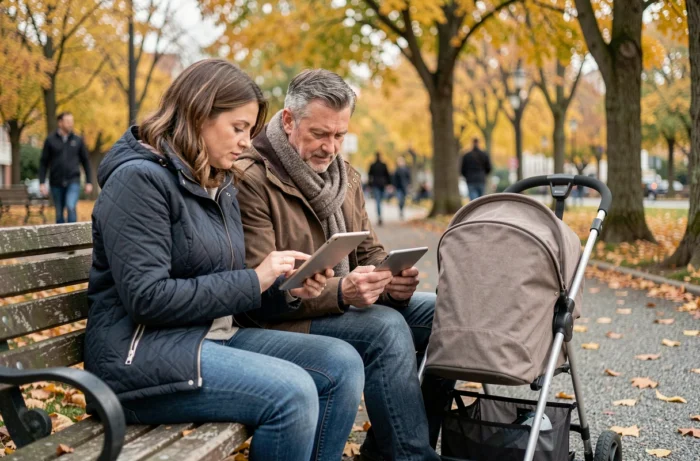 Couple de parents consultant des actualités familiales sur une tablette dans un parc en automne