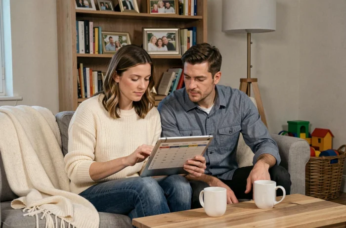 Couple de parents planifiant l'organisation familiale de la semaine ensemble sur une tablette dans leur salon le soir