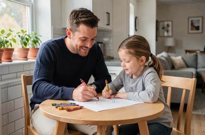 Père accompagnant sa fille dans un atelier de dessin à la maison, exemple de parentalité bienveillante et de soutien au développement créatif de l'enfant