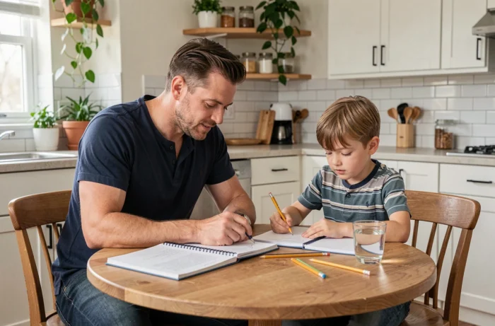 Père aidant son fils à faire ses devoirs autour d'une table de cuisine familiale moderne