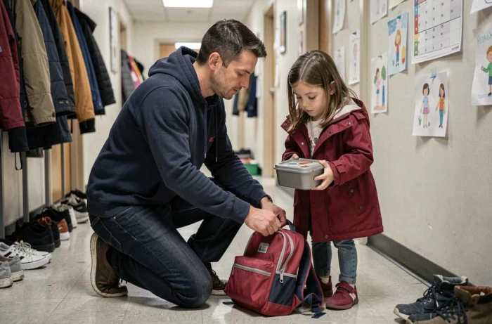 Père aidant sa fille à préparer son sac d'école dans le couloir d'entrée de la maison avant le départ le matin