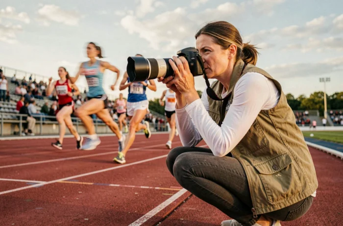 Photojournaliste sportive en action au bord d'une piste d'athlétisme couvrant une compétition de sprint en stade