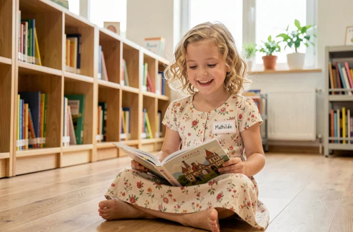 Petite fille prénommée Mathilde lisant un livre d'histoire dans une bibliothèque moderne, illustrant la popularité du prénom