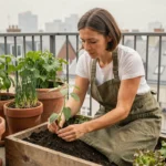 Femme entretenant un potager surélevé compact sur un balcon urbain avec des plants de tomates et herbes aromatiques