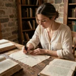 Jeune femme prénommée Mathilde écrivant son prénom à la plume sur un parchemin ancien dans un bureau rustique français