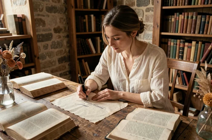 Jeune femme prénommée Mathilde écrivant son prénom à la plume sur un parchemin ancien dans un bureau rustique français