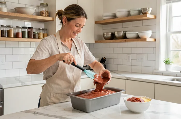 Femme versant la pâte à cake au chorizo dans un moule à cake dans une cuisine moderne