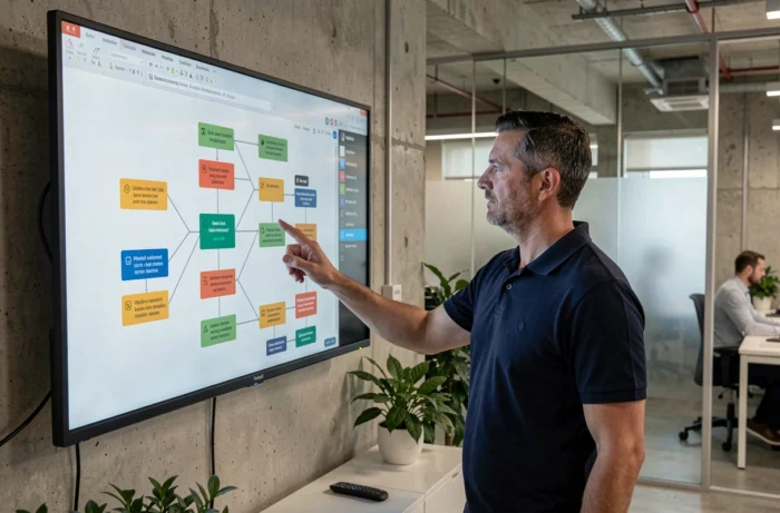 Professionnel naviguant sur un plan de site interactif affiché sur un grand écran tactile dans un bureau moderne