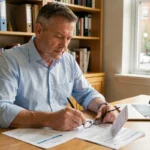 Propriétaire bailleur examinant ses documents fiscaux liés aux revenus locatifs meublés dans un bureau à domicile