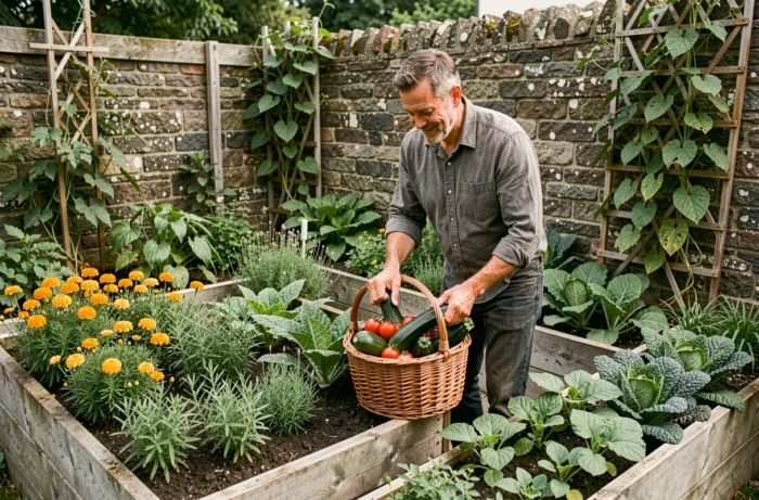 Homme récoltant courgettes et tomates cerises dans un petit potager naturel aménagé en carré en arrière-cour