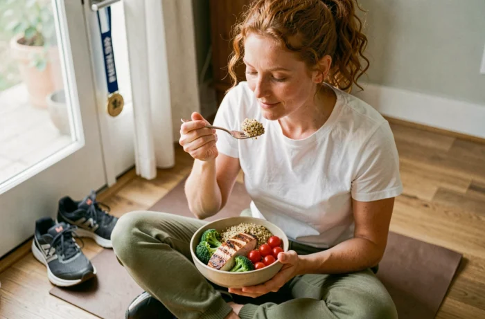 Coureuse mangeant un repas de récupération équilibré après un semi-marathon, bol de quinoa poulet grillé et légumes
