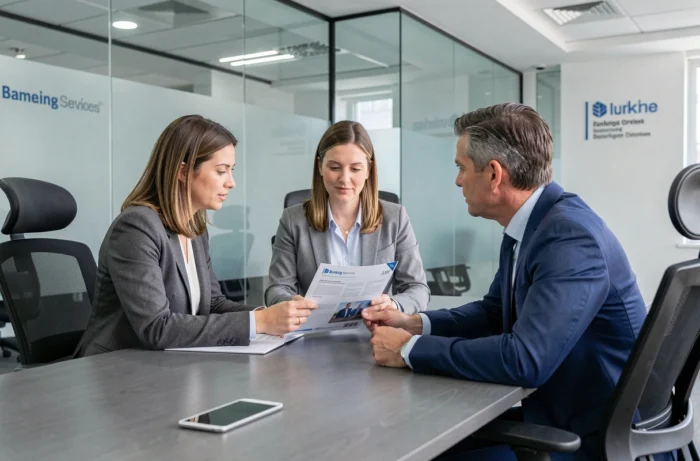 Réunion entre entrepreneurs et conseiller bancaire pour la création d'un compte professionnel Crédit Mutuel