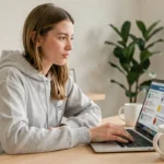 Jeune femme révisant le code de la route en ligne sur un ordinateur portable depuis chez elle avec Ornikar