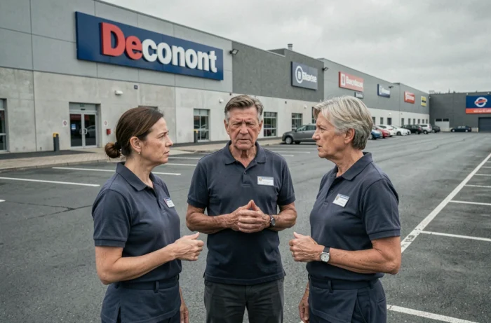 Groupe de salariés d'enseigne de déstockage réunis devant un entrepôt commercial en zone périurbaine inquiets pour leur emploi