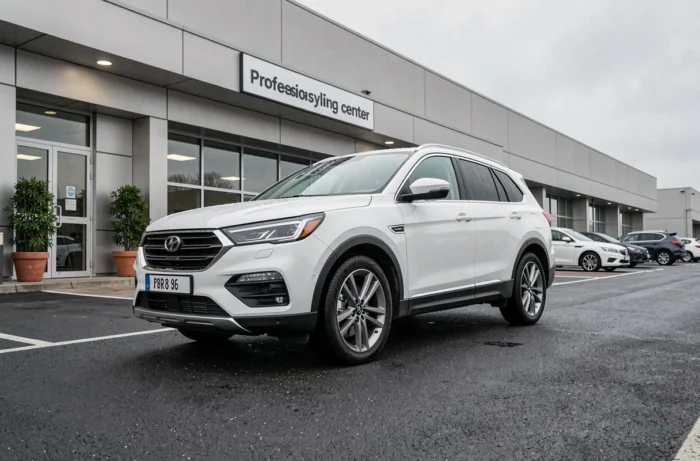 SUV blanc traité avec un revêtement hydrophobe devant un centre de stylisme automobile professionnel Prostyling