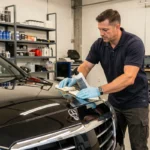 Technicien professionnel appliquant un revêtement céramique sur un véhicule de luxe dans un centre de detailing automobile Prostyling