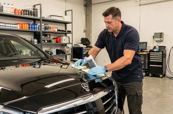 Technicien professionnel appliquant un revêtement céramique sur un véhicule de luxe dans un centre de detailing automobile Prostyling