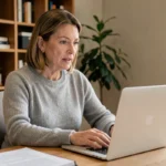Femme en téléconsultation médicale depuis son bureau à domicile, face à un ordinateur portable