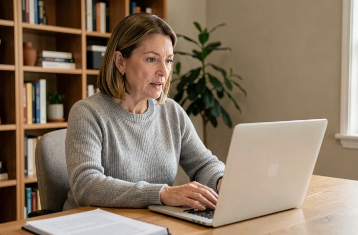 Femme en téléconsultation médicale depuis son bureau à domicile, face à un ordinateur portable
