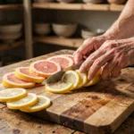 Femme tranchant des rondelles de citrons et pamplemousses sur une planche en bois pour la déshydratation