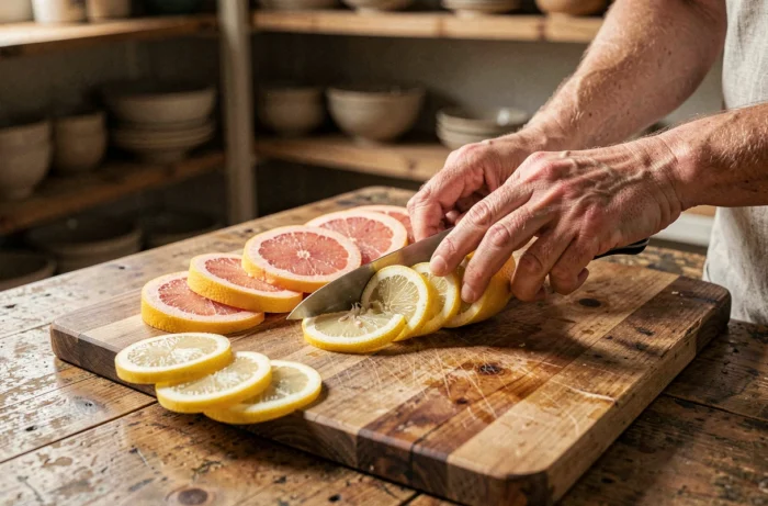 Femme tranchant des rondelles de citrons et pamplemousses sur une planche en bois pour la déshydratation